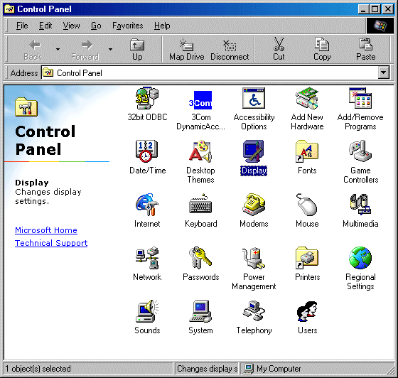 Windows 98 Control Panel Screen.